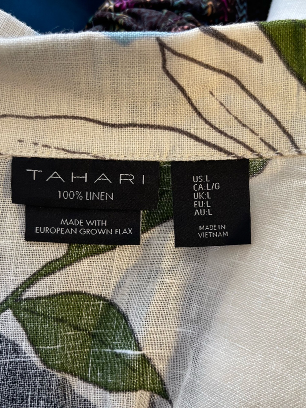 Linen Cream Button-Front Shirt with Blue and Green Leaf Print - Picture 5 of 6